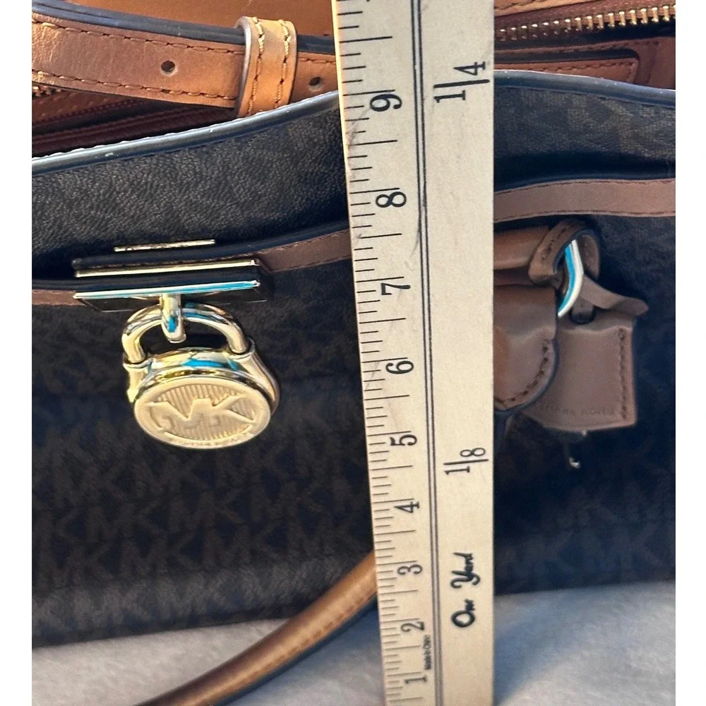 Michael Kors Hamilton Satchel Brown Logo Canvas Leather Trim Gold Hardware